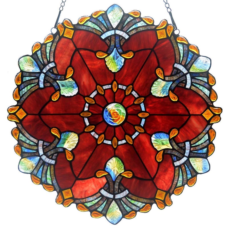 Bieye W10041 Baroque Tiffany Style Stained Glass Window Panel with Chain, 18-inch Wide Round Shape, Red - Image 1